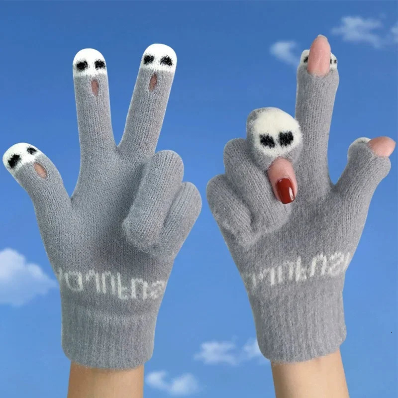 Five Fingers Gloves Cute Panda Fingertip Warm Women Girls Winter Fluffy Knitted Fingerless Glove Wool Touchscreen Phone Full Finger Mittens 231130