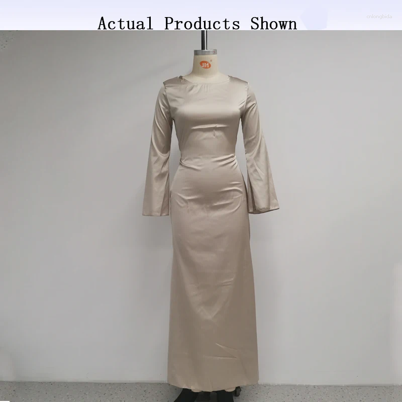 Casual Dresses Ellafads Women Long Dress Autumn Fashion Simple Round Neck Satin Flare Sleeve Lace Up Slim Evening Party Streetwear