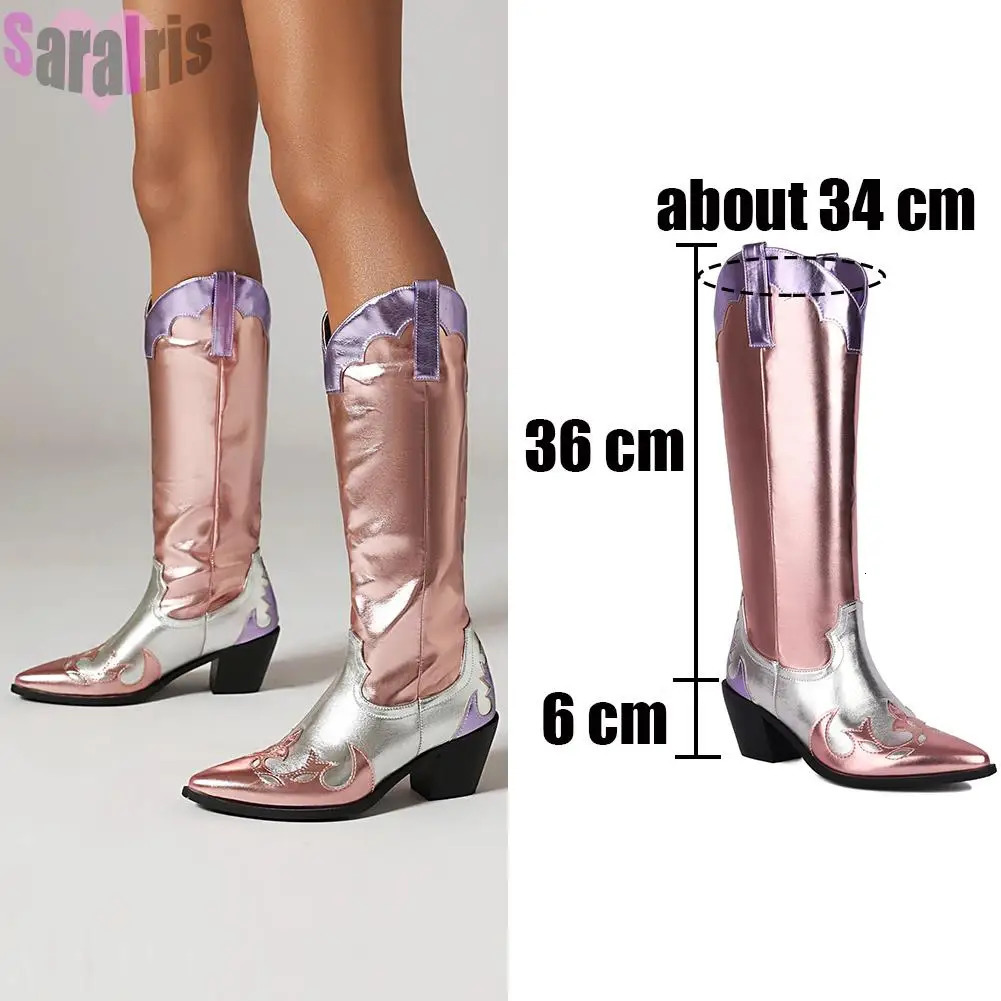 Boots Fashion Women Cowboy For Chunky Heels Metal Colorful Cowgirl Western Mid Calf Woman Vintage Shoes Plus Size 231130