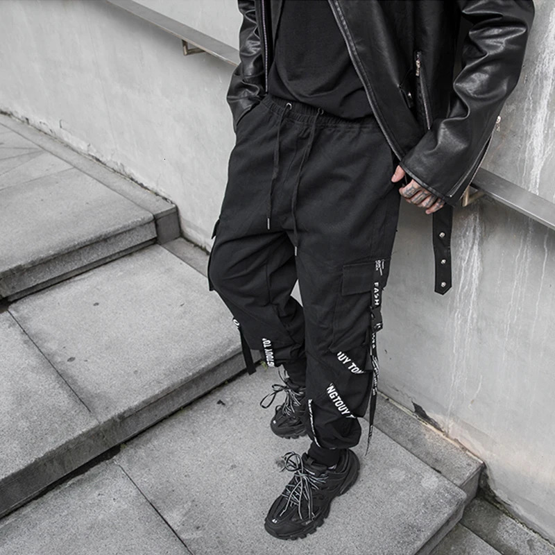 Men's Pants HOUZHOU Black Cargo Pants Men Joggers Cargo Trousers for Men Jogging Japanese Streetwear Hip Hop Hippie Techwear Gothic Ribbon 231129