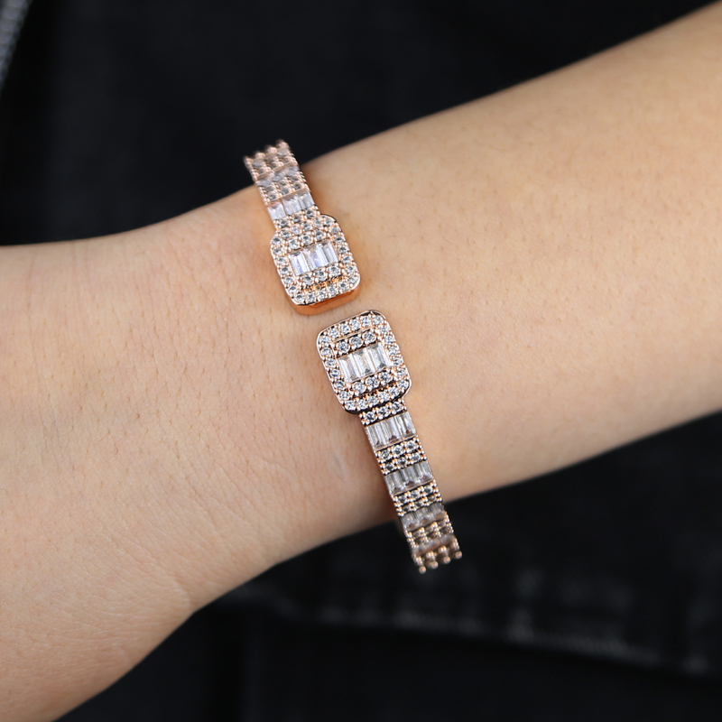 Rose Gold Zircon Bangle Hip Hop Bracelet for Women a319