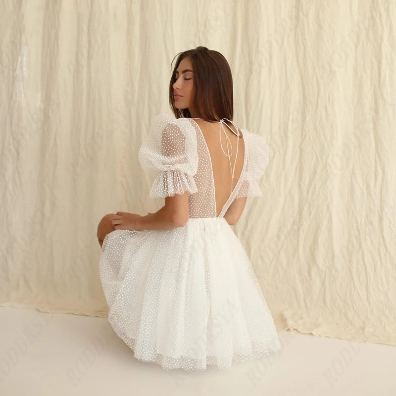 2024 Short Backless Wedding Dress For Women Elegant Puff Sleeve V-Neck Simple Tulle A-line Bride Party Gowns Vestidos De Noiva Casamento