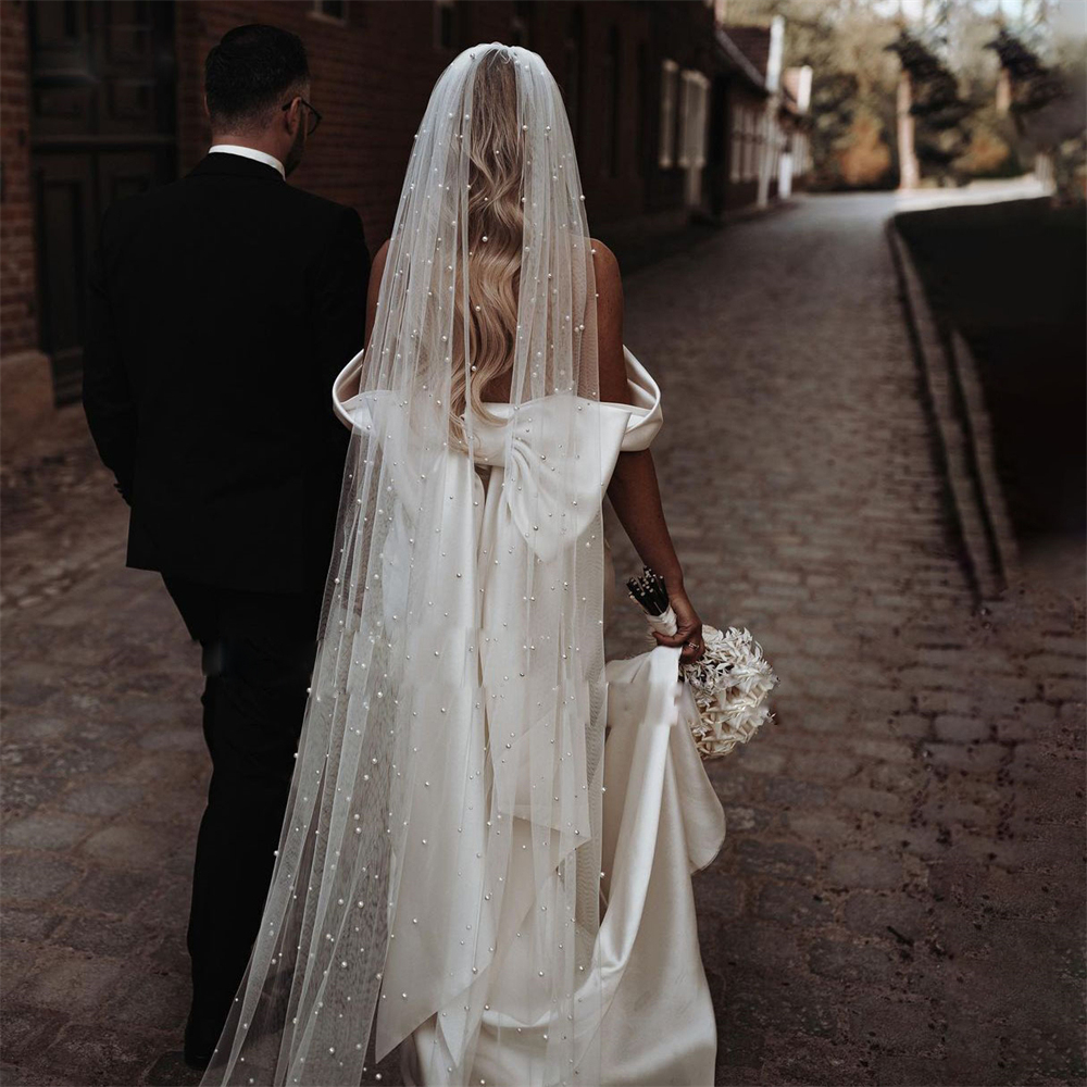Pearls Bridal Veils 3 Meters Long with Comb Wedding Jewelry Soft Tulle Bride Hair Accessoires