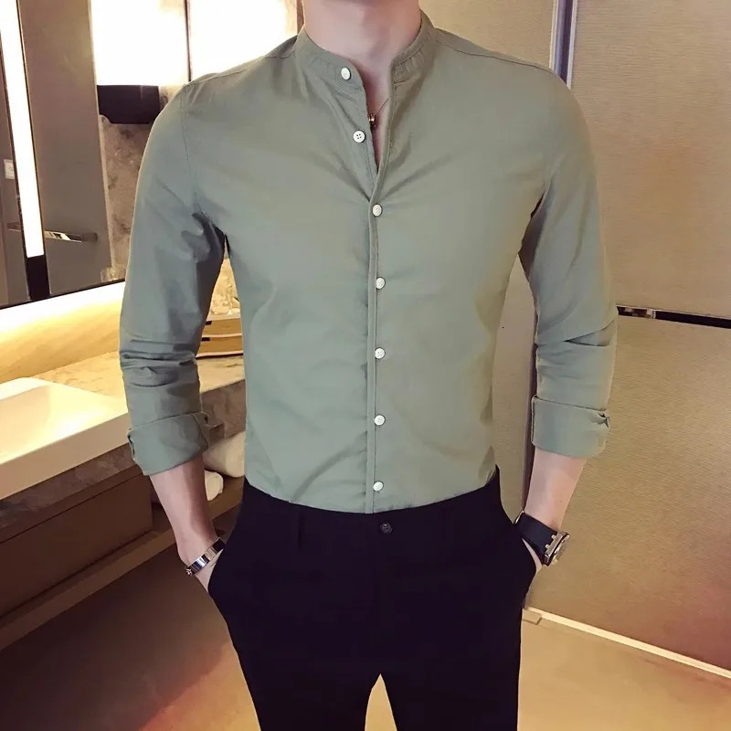 Men's Casual Shirts Mens Fashion High-quality Pure Cotton Solid Color Stand-up Collar Casual Business Long-sleeved Shirt Mens Slim Casual Shirt 2