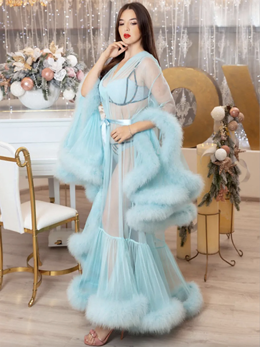 2023 Yellow Women's Winter Sexy Faux Fur Lady Sleepwear Women Bathrobe Sheer Nightgown Red White Gray Robe Prom Bridesmaid Shawel