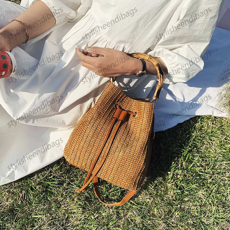 stylisheendibags Shoulder Bags Fashion Straw Bucket Bag Women Handbag Bohemian Bamboo Handle Beach Bag Bali Travel Big Drawstring Shoulder Crossbody B