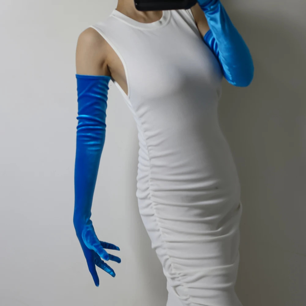 Five Fingers Gloves VELVET GLOVES 60cm 24" Azure Long Stretch Aqua Mint Teal Robin Light Blue Green TECH Prom Party Wedding Sexy Gala 231130