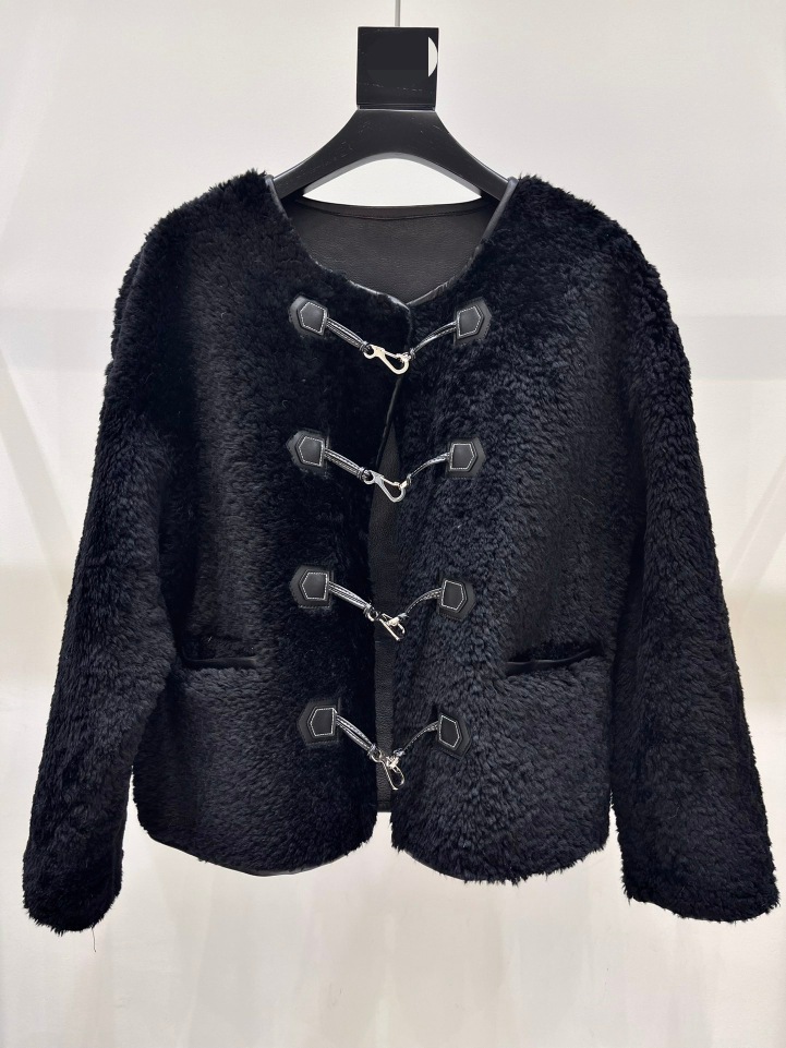 Autumn and winter new te-m minimalist round neck single breasted fur integrated jacket