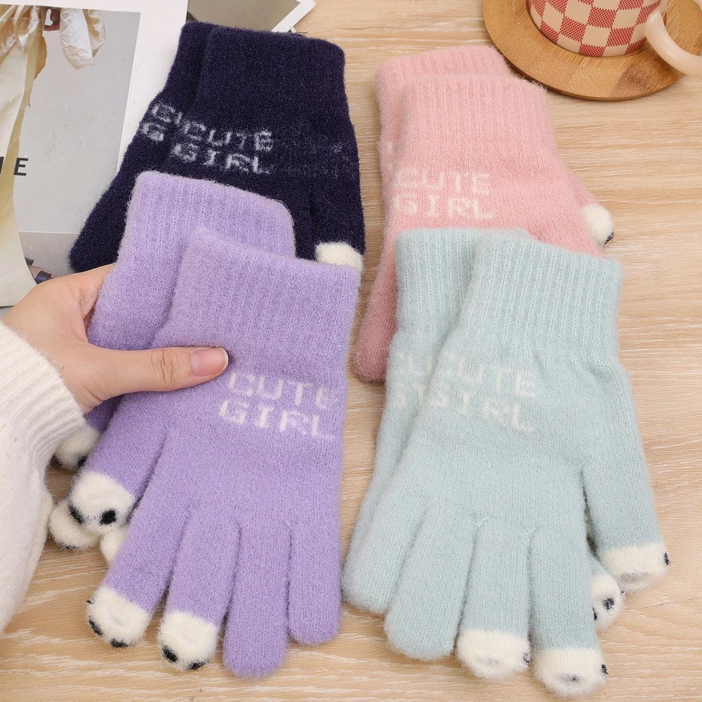 Five Fingers Gloves Cute Panda Fingertip Warm Women Girls Winter Fluffy Knitted Fingerless Glove Wool Touchscreen Phone Full Finger Mittens 231130