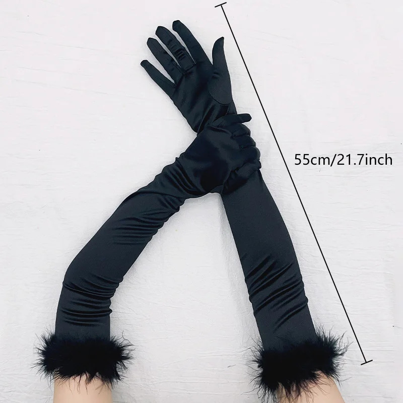 Five Fingers Gloves 55cm Silk Satin Dance Party Elastic Long Female Cuff Feather Elegant Red Halloween Makeup Opera Stage 231130