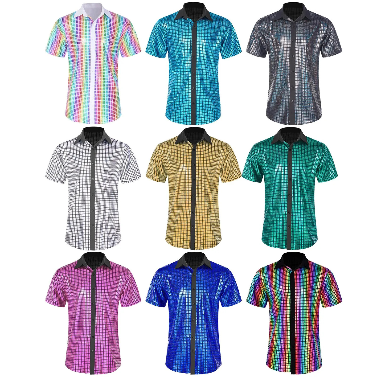 Men's Casual Shirts Mens 70s Disco Metallic Shiny Plaid Print Shirt Short Sleeve Button Down Shirts Nightclub Party Tops Stage Performance Costum