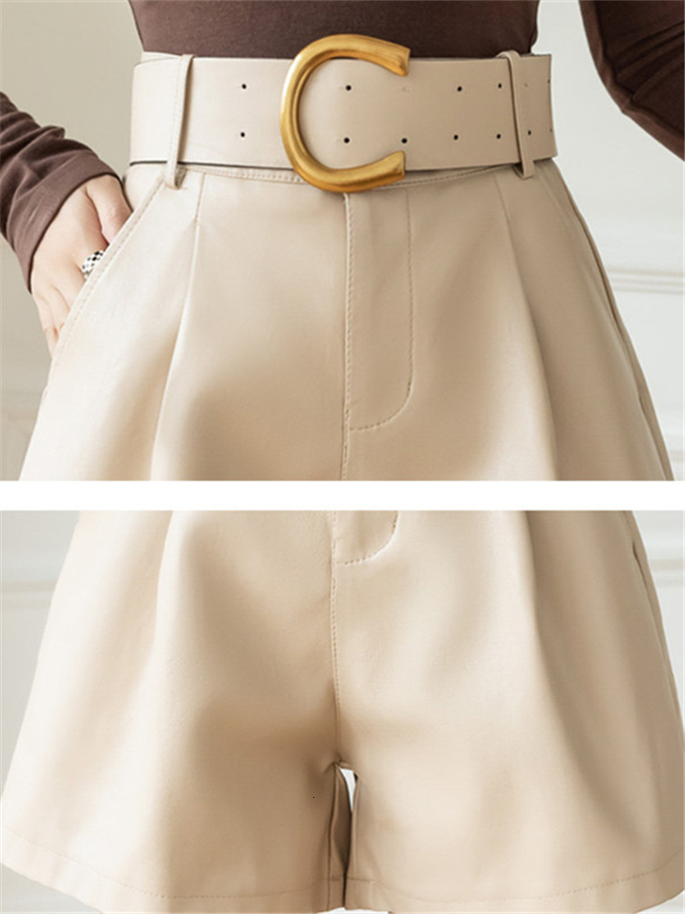 Women's Shorts Seoulish Green Women's PU Leather Shorts with Belted Stylish Pocket Elegant Casual Shorts Trousers Female Autumn Winter 23042
