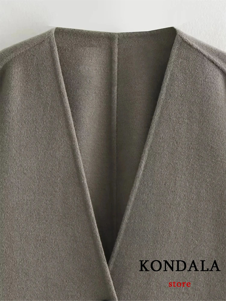 Women's Wool Blends KONDALA Female Fashion Winter Grey V Neck Coats Casual Loose Long Sleeve Cropped Jackets 2023 Autumn Women Outerwears 231129