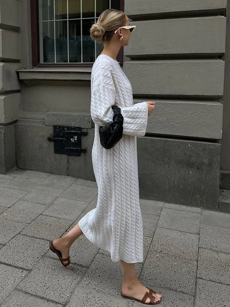 Basic Casual Dresses Solid Women Ribbed Knitted Midi Dress Casual Loose O-neck Long Sleeve Lady Dresses Autumn Female Chic Streetwear Robe 231129