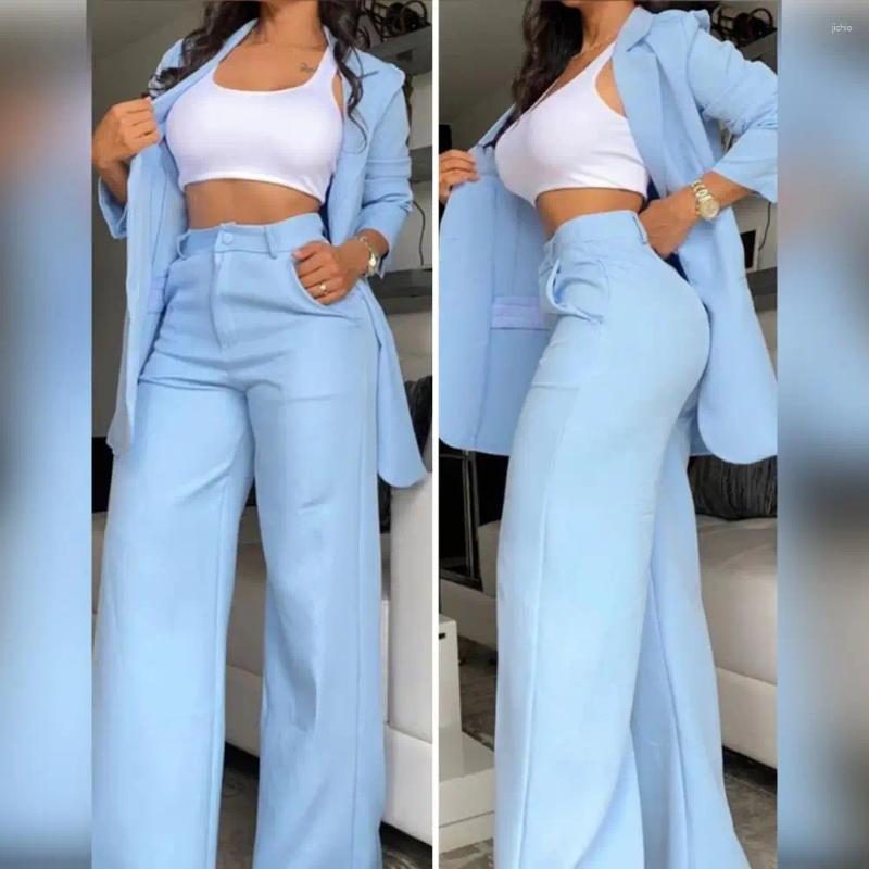 Womens Two Piece Pants Women Suit Stylish Coat Single-breasted Jacket Wide Leg Fashionable Commute Set For Ladies Formal