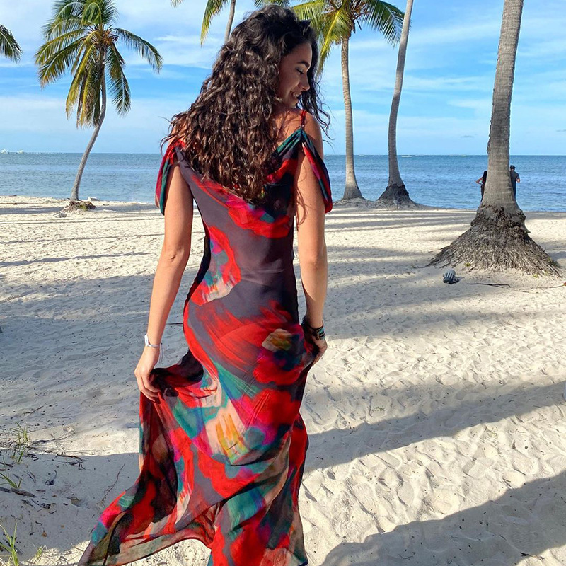 Party Dresses Cryptographic Fashion Print Mesh See Through Sexy Slip Maxi Women Summer Holiday Sleeveless Club Elegant 230428