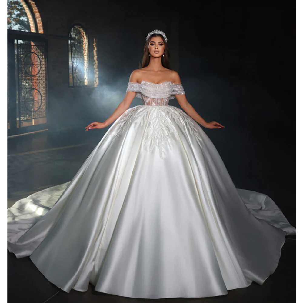 Arabic Aso Ebi A-Line Wedding Dresses Sheer Sleeves Off The Shoulder Arabic Applique Train Bridal Wedding Gowns 3D-Floral Appliques