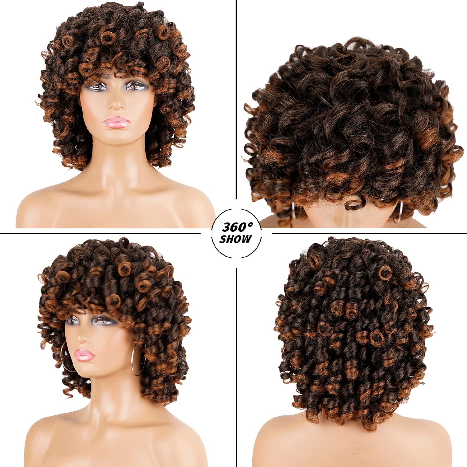 Ombre Bouncy Curly Wigs for Black Women lace front Brown Short funmi curl colored with Bangs Soft Afro Kinky Curly human Wig for African American Wome