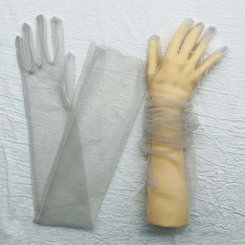 Five Fingers Gloves Transparent Sunscreen Glove Retro Mitten Touch Screen Women Ultra Thin Tulle Elbow Long Wedding Bride Dress 231130