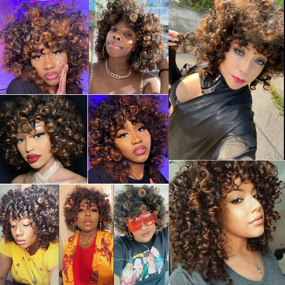 Ombre Bouncy Curly Wigs for Black Women lace front Brown Short funmi curl colored with Bangs Soft Afro Kinky Curly human Wig for African American Wome