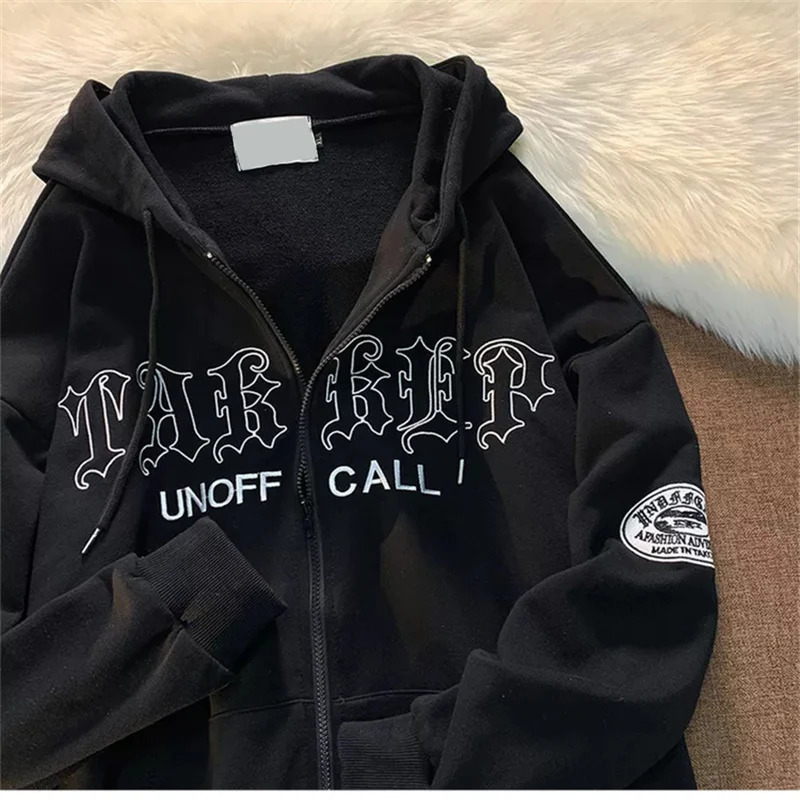 Womens Hoodies Sweatshirts Gothic Embroidery Women Retro Harajuku Hip Hop Jacket High Street Zip Up Hoodie Casual Loose Sweatshirt Clothes Y2K Tops 23