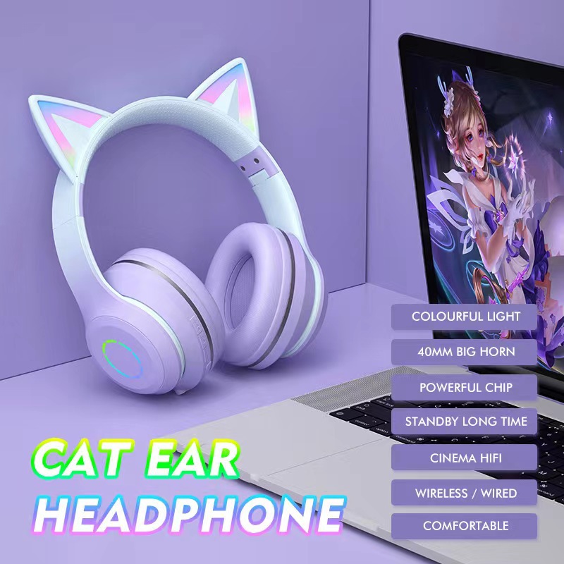 Headphones Gradient pink cat ear Headphones with microphone for kawaii girl kids phone mp3 Hi-Fi stereo music glowing wireless Earphones
