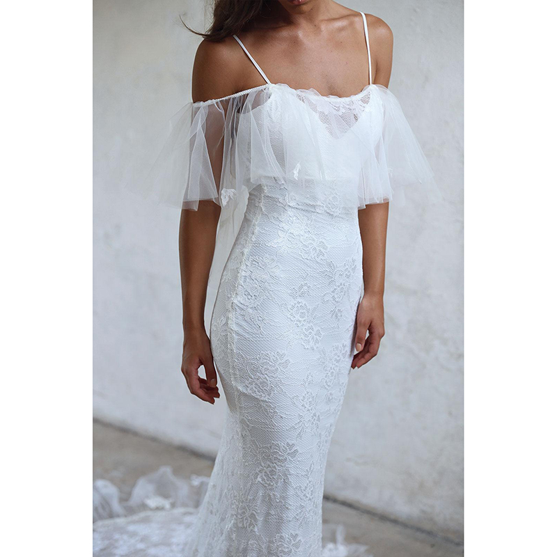 Vintage Tulle Wedding Gown For Bride Backless Lace Mermaid Wedding Dress Trendy Classic Applique Spaghetti