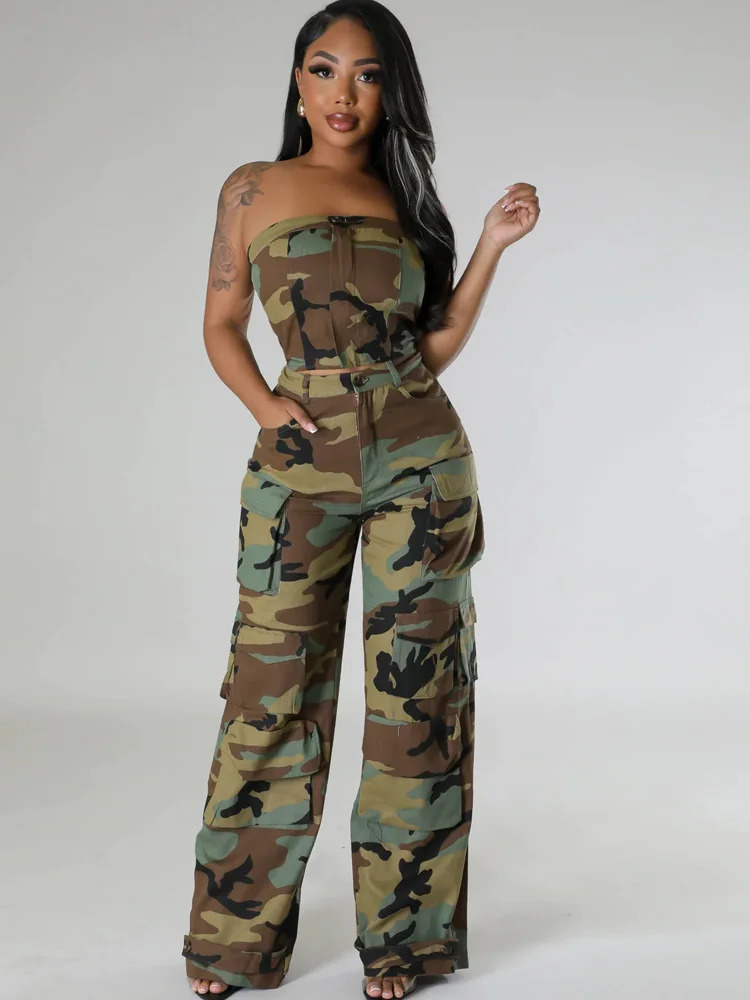 Women's Two Piece Pants Bonnie Forest Chic Off Shoulder Crop Top And Camouflage Print Cargo Pants Set Women Tracksuits Night Club Outfits Clubwea
