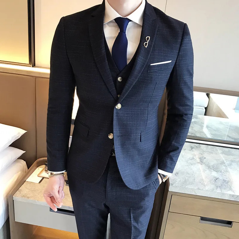 Men's Suits Blazers Jackets Vests Pants Highend Fashion Check Mens Business Casual Suit 3 Pcs Set Groom Wedding Dress Tuxedo Male Slim 231129