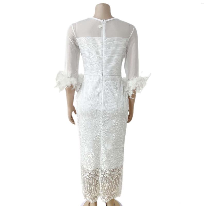 Casual Dresses African Ladies Luxury White For Women Round Neck Full Sleeve Sequined Feather Bodycon Mid Calf Elegant Birthday Dress