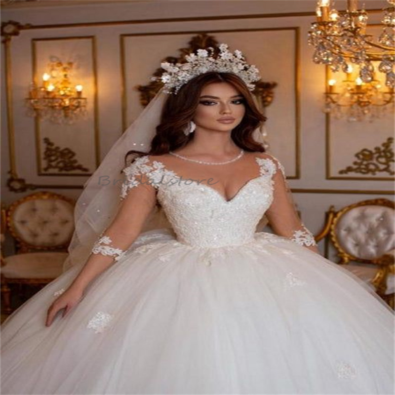 Laceful Princess Queen Wedding Dress Sheer Neck Ball Gown Fluffy Tulle Lace Church Bridal Dress Elegant Saudi Arabic Country Bride Dress With Sleeves 