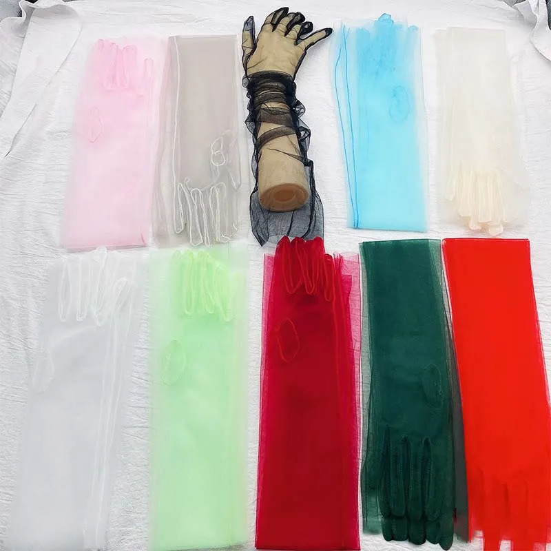 Five Fingers Gloves Transparent Sunscreen Glove Retro Mitten Touch Screen Women Ultra Thin Tulle Elbow Long Wedding Bride Dress 231130