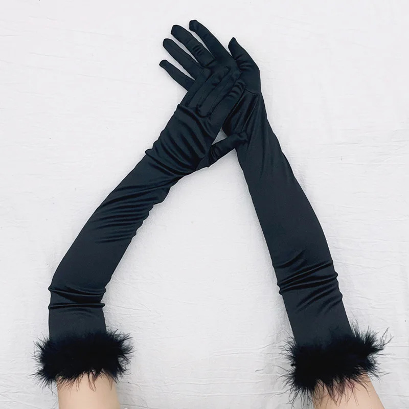 Five Fingers Gloves 55cm Silk Satin Dance Party Elastic Long Female Cuff Feather Elegant Red Halloween Makeup Opera Stage 231130