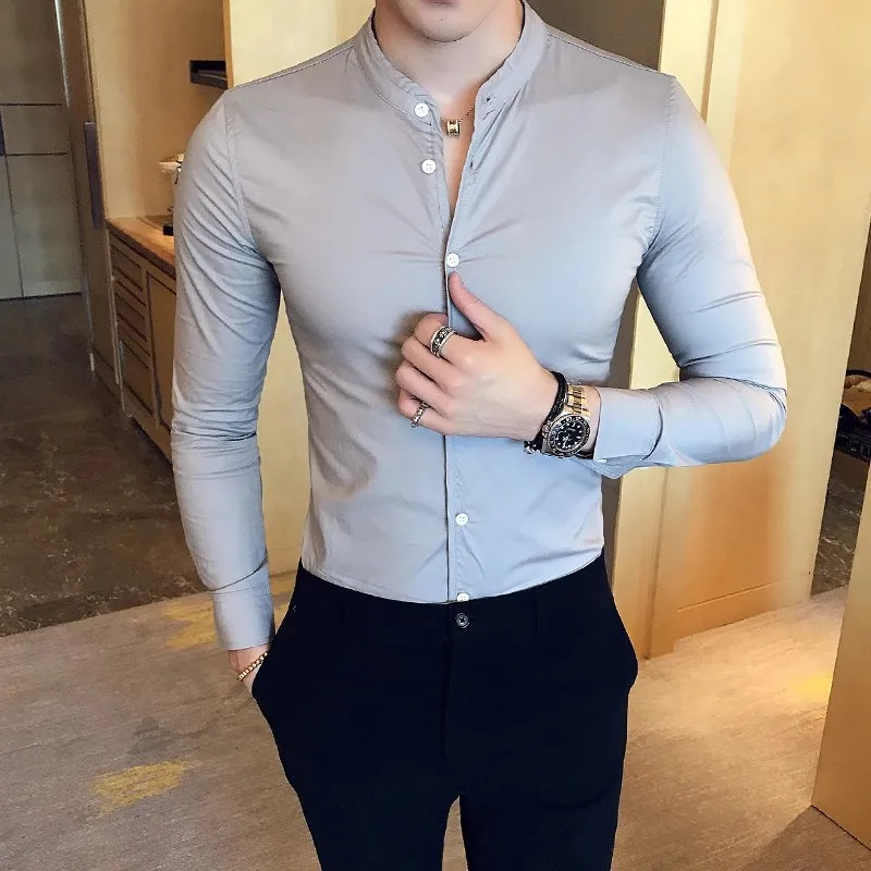 Men's Casual Shirts Mens Fashion High-quality Pure Cotton Solid Color Stand-up Collar Casual Business Long-sleeved Shirt Mens Slim Casual Shirt 2