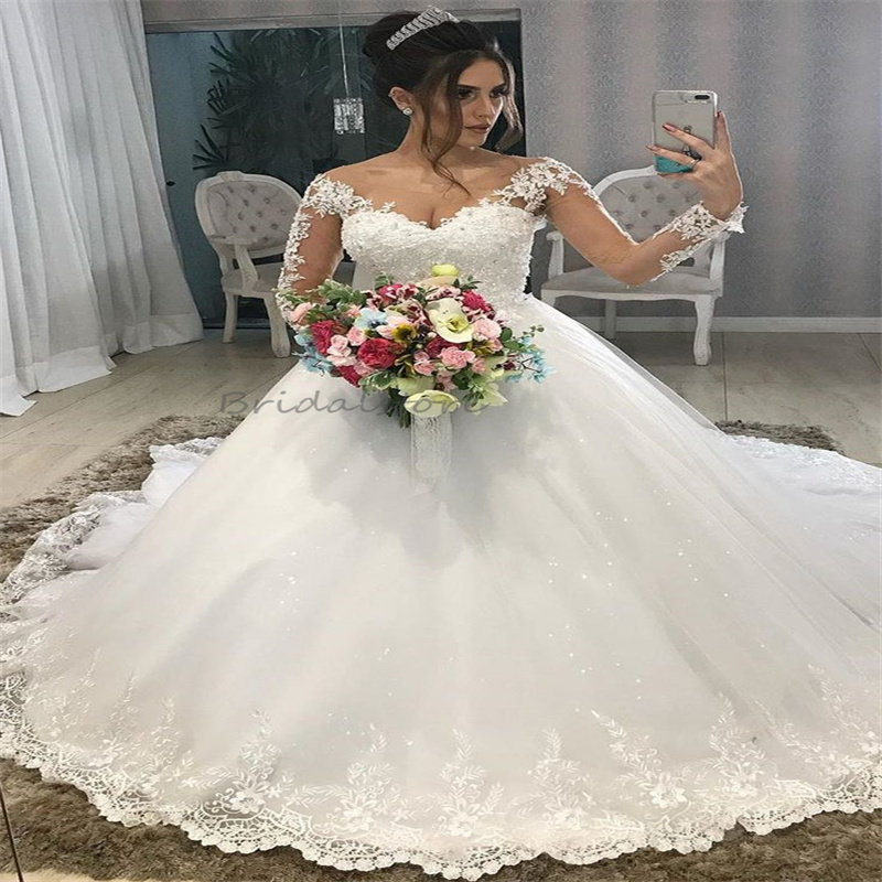 Princess Wedding Dress Bling Ball Gown Hispanic Country Style Boho Bridal Gowns Appliques Lace Long Sleeve Court Train Dream Latest Greek Bride Extrav