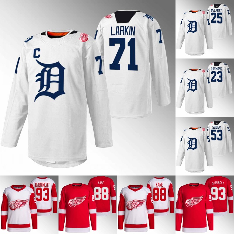 2023 DRW Tigers Night Dylan Larkin Red Wings White LCA specialty Jersey Darren McCarty Lucas Raymond Moritz Seider Alex DeBrincat Patrick Kane Jake Walman Jersey