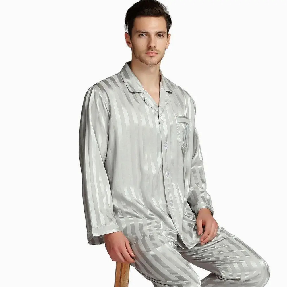 Men's Sleepwear Mens Silk Satin Pajamas Set Pajama Pyjamas Set PJS Sleepwear Set Loungewear U.S.S M L XL 2XL 3XLL 4XL Plus Striped 231129