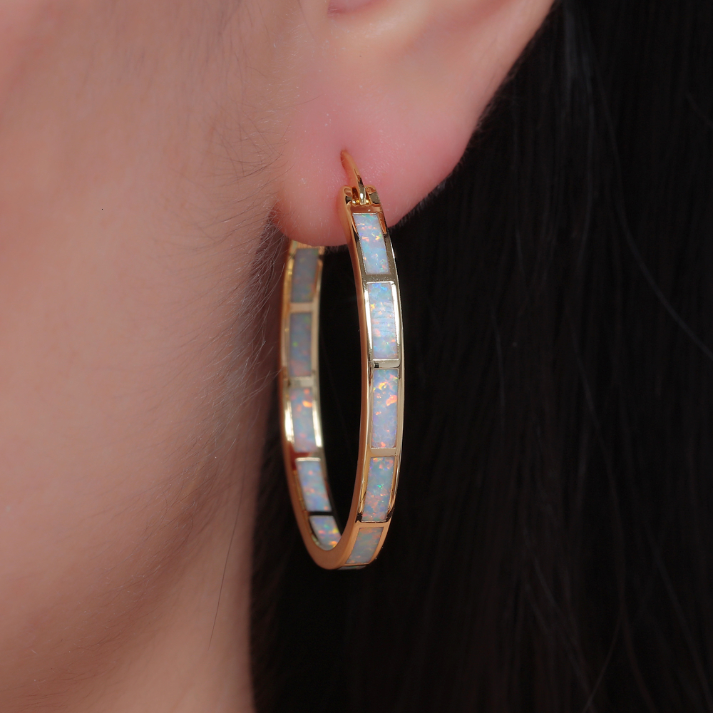 Hoop Huggie CiNily Blue Green Fire Opal Stone Hoop Earrings for Women SilverRose Gold Color Big Round Circle Hip Hop Punk Party Jewelry 230428
