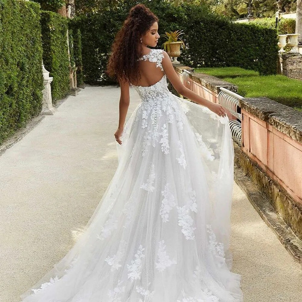 New A Line V Neck Wedding Dress For Women 2024 Backless Boho Bridal Gowns Lace Appliques Tulle Vestido De Novia