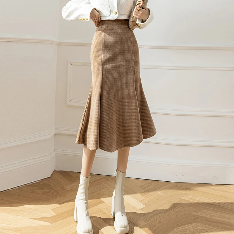 Skirts Fashion Streetwear Winter Midi Skirt Women Elegant High Waist Tweed Chenille Fishtail Bodycon Skirts Korean Wrap Pencil Faldas 231129