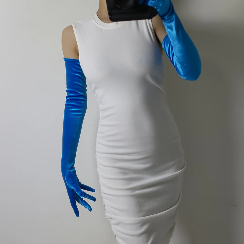 Five Fingers Gloves VELVET GLOVES 60cm 24" Azure Long Stretch Aqua Mint Teal Robin Light Blue Green TECH Prom Party Wedding Sexy Gala 231130