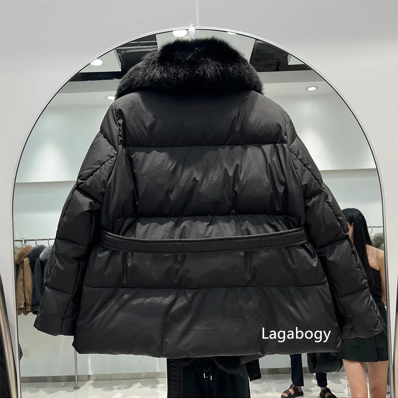 Women s Down Parkas Lagabogy 2023 Real Fur Winter Women Puffer Coat White Duck Jacket Female Loose Warm Short Snow Outwear With Belt 231130