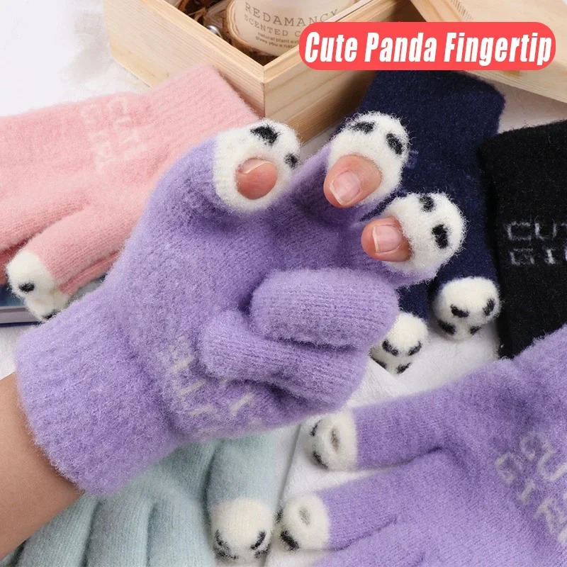 Five Fingers Gloves Cute Panda Fingertip Warm Women Girls Winter Fluffy Knitted Fingerless Glove Wool Touchscreen Phone Full Finger Mittens 231130
