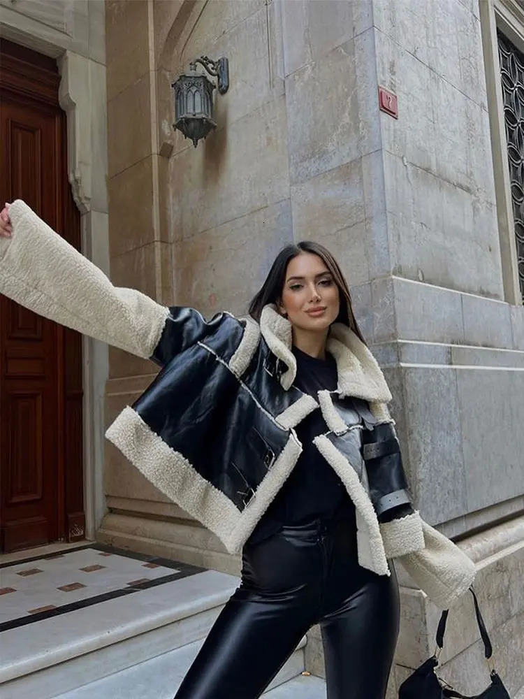 Women s Jackets Fur Leather Teddy Crop Quilted Patchwork Jacket Lapel Women Long Sleeve Short Coat Female Fashion Streetwear 231130