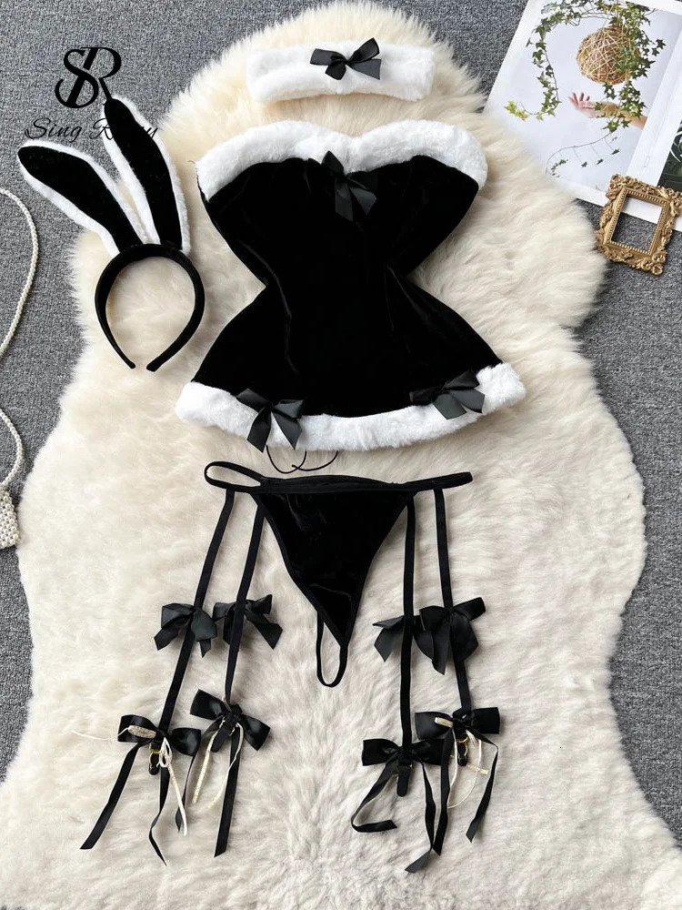 Sexy Set SINGREINY Cosplay Rabbit Maid Nightwear Halter Splice Fur Bow Lingerie Combination Christmas Erotic Porno Underwear Sets 231129