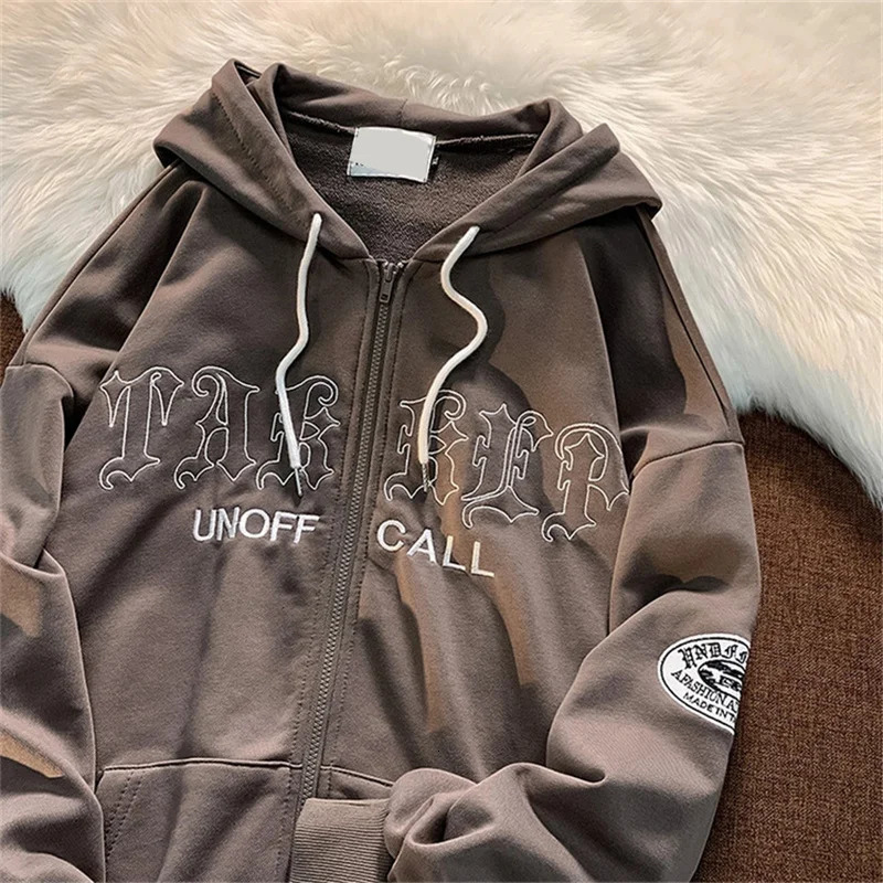 Womens Hoodies Sweatshirts Gothic Embroidery Women Retro Harajuku Hip Hop Jacket High Street Zip Up Hoodie Casual Loose Sweatshirt Clothes Y2K Tops 23