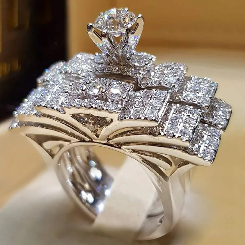 Wedding Rings Bridal Set Elegant rings for Women Sliver Color Engagement fashion Jewelry With Full Shiny Cubiz Zircon female ring 231130