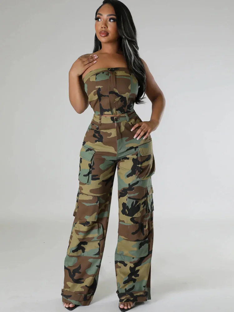 Women's Two Piece Pants Bonnie Forest Chic Off Shoulder Crop Top And Camouflage Print Cargo Pants Set Women Tracksuits Night Club Outfits Clubwea