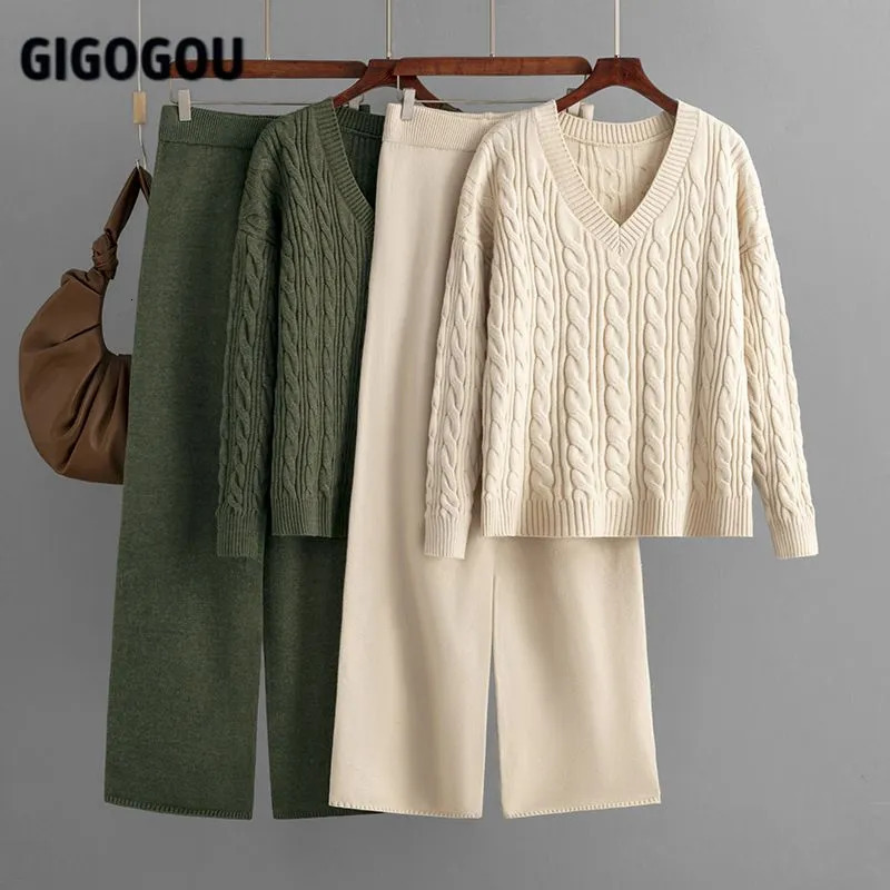 Womens Two Piece Pants Gigogou Cable Twist Sweatshirt Vneck Knitted Flower SweaterWide Leg Set 22piece Trousers 231129