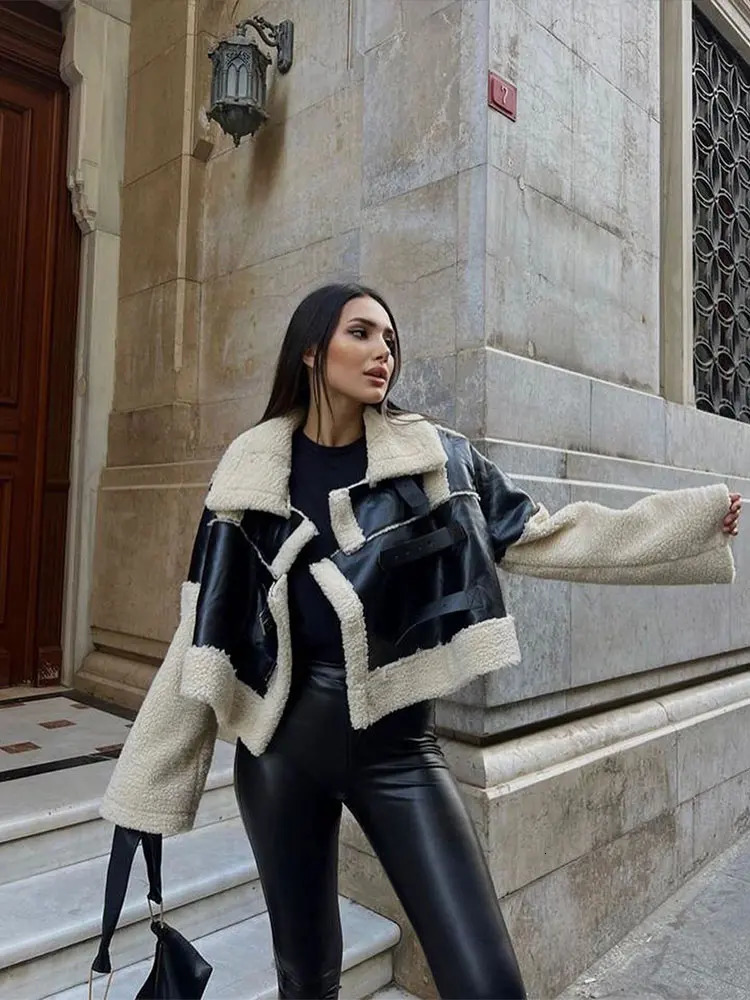 Women s Jackets Fur Leather Teddy Crop Quilted Patchwork Jacket Lapel Women Long Sleeve Short Coat Female Fashion Streetwear 231130